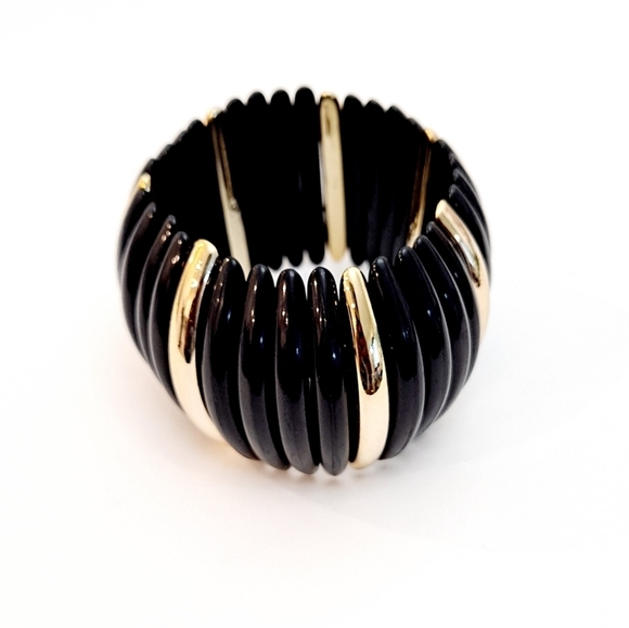 💖 2/$30 Chunky Gold & Black Stretch Cuff Bracelet Statement Bangle Stackable - Picture 9 of 9